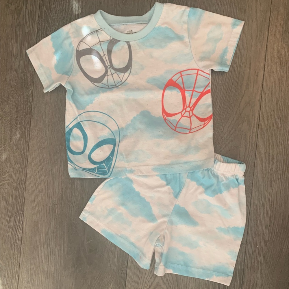 Spider-Themed Blue and White Kids Pajamas 3t summer pjs